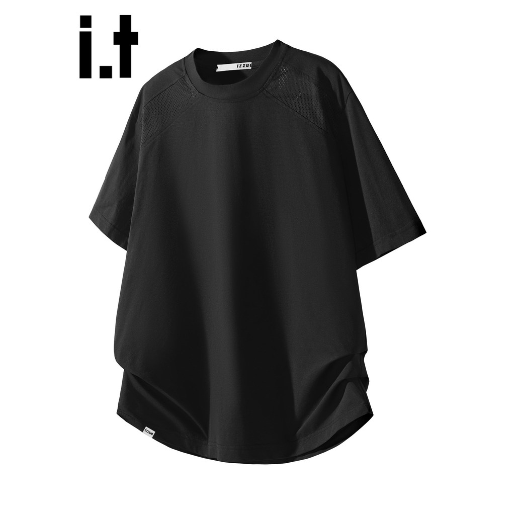 มัน izzue สไตล์อเมริกันอินเทรนด์เย็บสีดําแขนสั้นเสื้อยืดผู้ชายฤดูร้อนผ้าไหมน้ําแข็งบางสไตล์หลวมสบายๆ