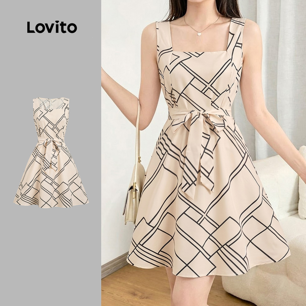 (New Arrival) Lovito เดรสลําลองผู้หญิง ทรงเข็มขัด พิมพ์ลาย สีไลท์กากี สําหรับฤดูใบไม้ผลิ/ฤดูร้อน L196ED184
