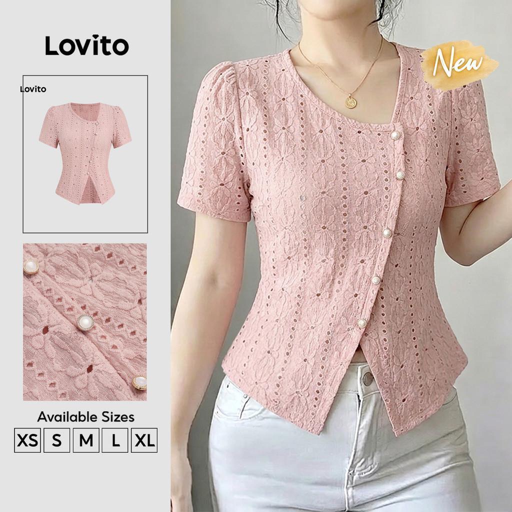 (New Arrival) Lovito เสื้อยืดผู้หญิงสีชมพูสไตล์หรูหรา ลายแจ็คการ์ดไม่สมมาตร กระดุมหน้า เหมาะสําหรับฤดูใบไม้ผลิ/ฤดูร้อน TSB201P1D086