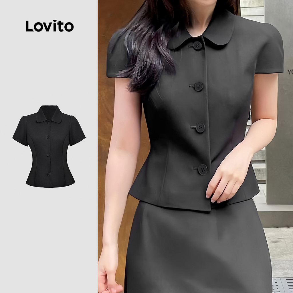 (สง่างาม) Lovito เสื้อกล้ามเรียบหรู คลาสสิก และใช้งานได้หลายโอกาส ผ้าฝ้ายลายปุ่ม สีดำสำหรับฤดูใบไม้ผลิ/ฤดูร้อน เกาหลี อินเทรนด์ L144AD215
