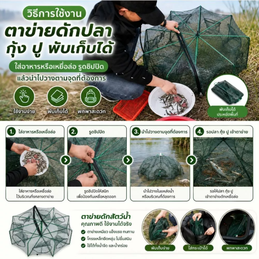 ตาข่ายดัก ปู ปลา กุ้ง แบบ6ช่อง แบบ8ช่อง แบบ10ช่อง หลุมตกปลา หกเหลี่ยม พับเก็บได้ พกพาสะดวก G0150 thumbnail 10
