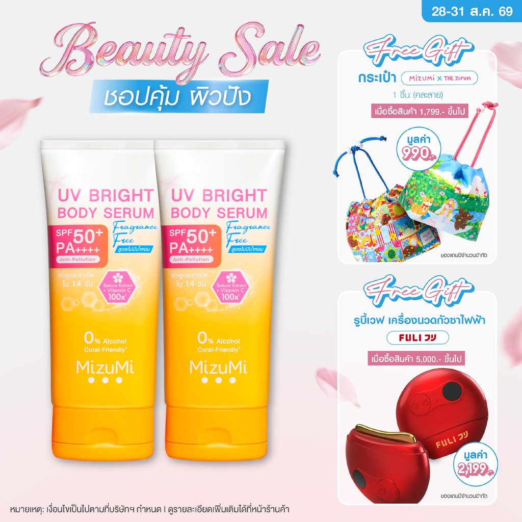 [แพ็คคู่] MizuMi UV Bright Body Serum Fragrance Free (180 ml) เซรั่มกันแดดทาผิวกายสูตรไม่มีน้ำหอม ซึมไว ปกป้องผิวจากแดด
