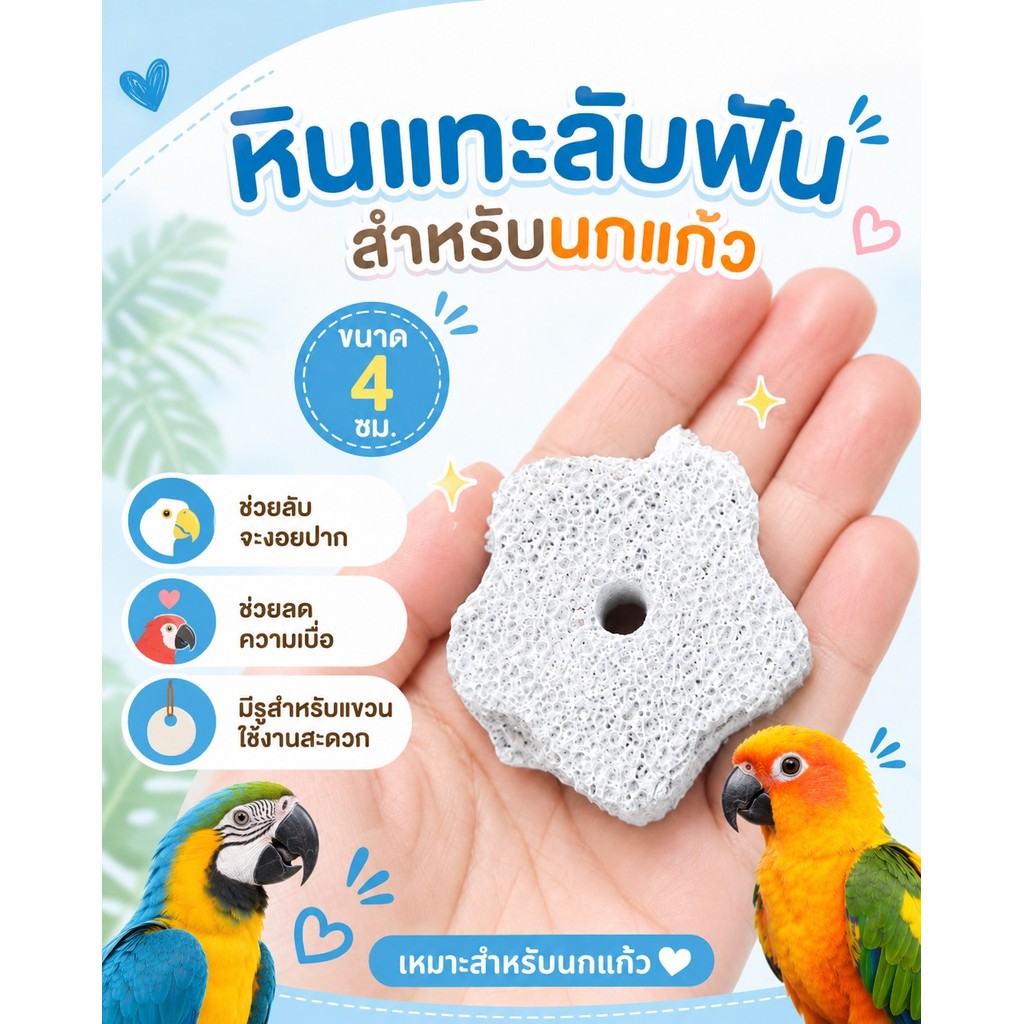 Parrot.thailand หินขัดปากนกแก้ว หินลับจะงอยปากและบดกรงเล็บ รูปดอกไม้ มีรูแขวนกรง วัสดุธรรมชาติ ปลอดภัย