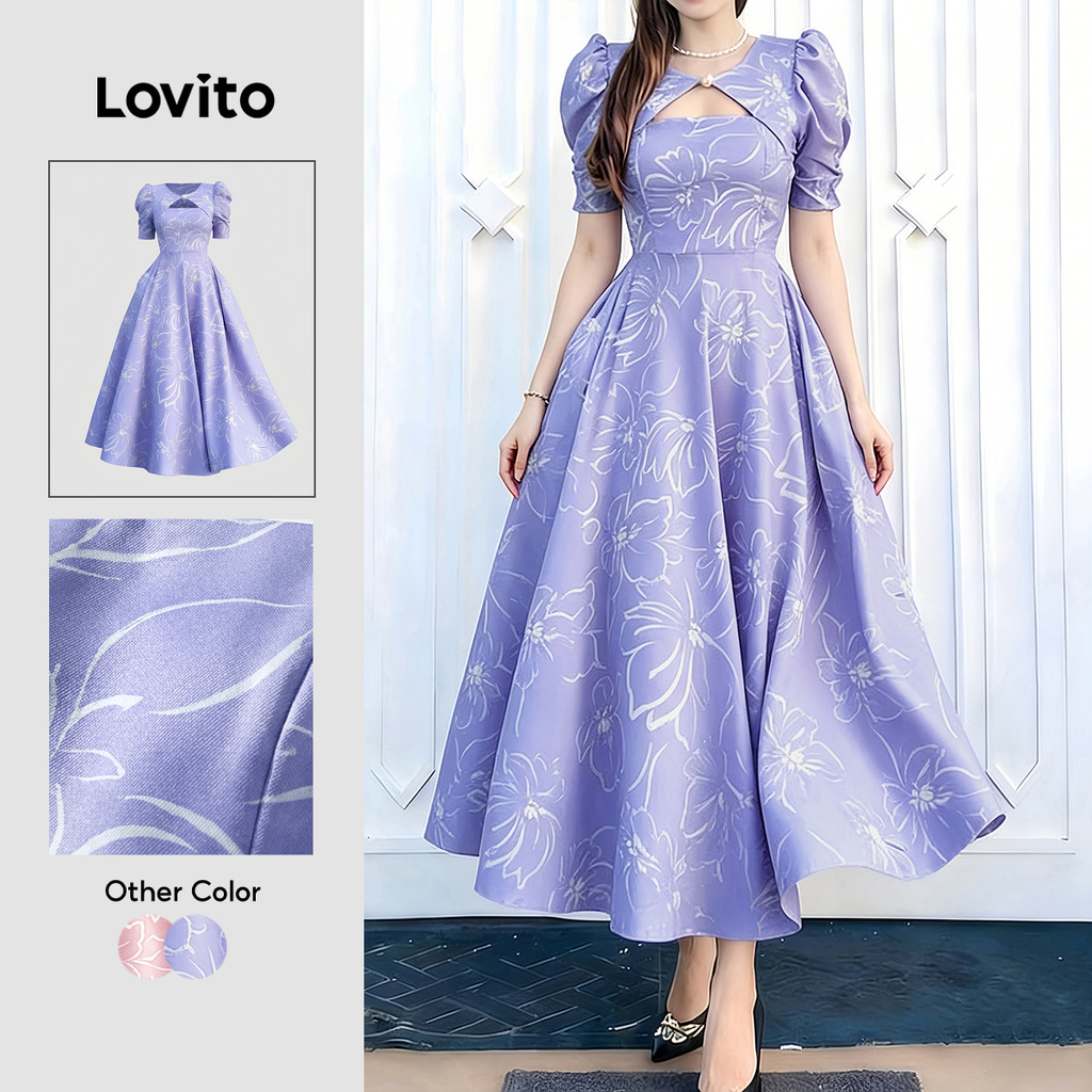 Lovito เดรสสีม่วงลายจุดสําหรับผู้หญิง เหมาะสําหรับฤดูใบไม้ผลิ/ฤดูร้อน สไตล์ลําลอง LK6ED013