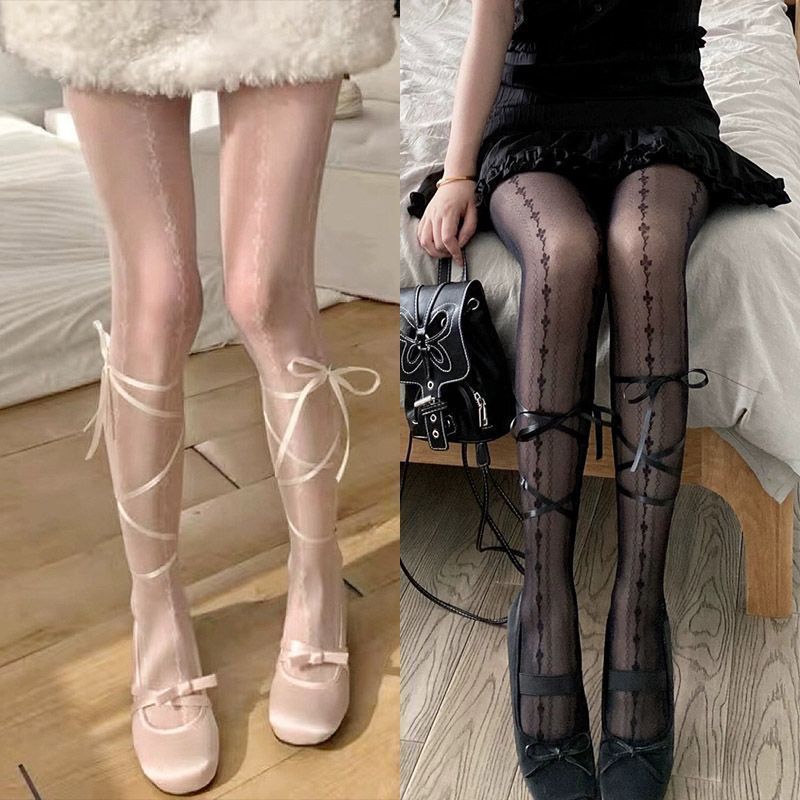 Lolita白色丝袜女薄款纯欲Jk打底袜子芭蕾风复古蕾丝绑带* 连裤袜子Sweet Lolita Lolita Pantyhose Lolita Socks French Palace Style