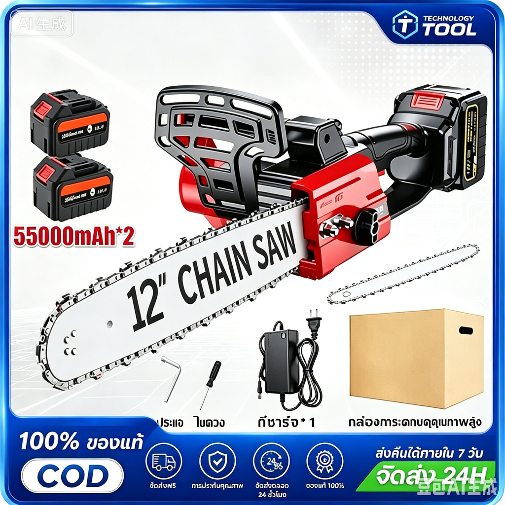 🔥COD🔥เลื่อยไฟฟ้าไร้สาย 12 นิ้ว 55000mAh เลื่อยโซ่ไร้สาย เเลื่อยยนต์ตัดไม้ เลื่อยโซ่ไฟฟ้า เลื่อยไฟฟ้าแบต เลื่อยยนต์