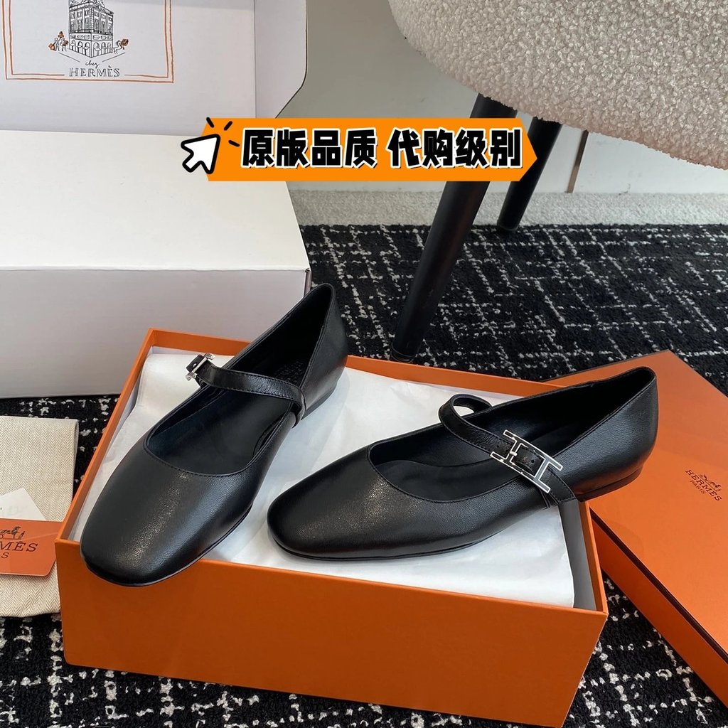 Hermes Hermes 24ss ใหม่ Jane Mary Jane รองเท้าบัลเล่ต์ผู้หญิง Hermes h Square Toe Mary Jane รองเท้าบ