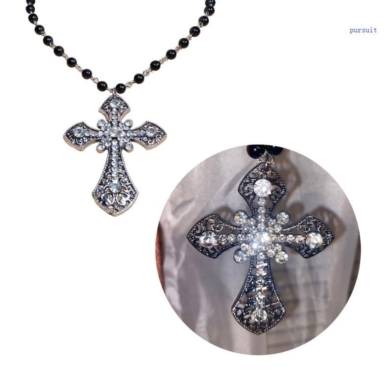 SUIT* Beaded Cross Necklace Big Cross Pendant Necklace for Women Men Gothic Necklace