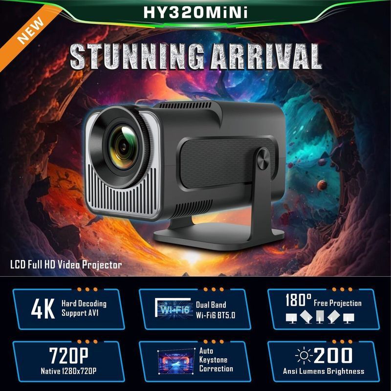HY320MINI สั้นโยนโปรเจคเตอร์ขนาดเล็กห้องนั่งเล่นหอพัก Projection Wall แบบพกพา Mini 4K โปรเจคเตอร์