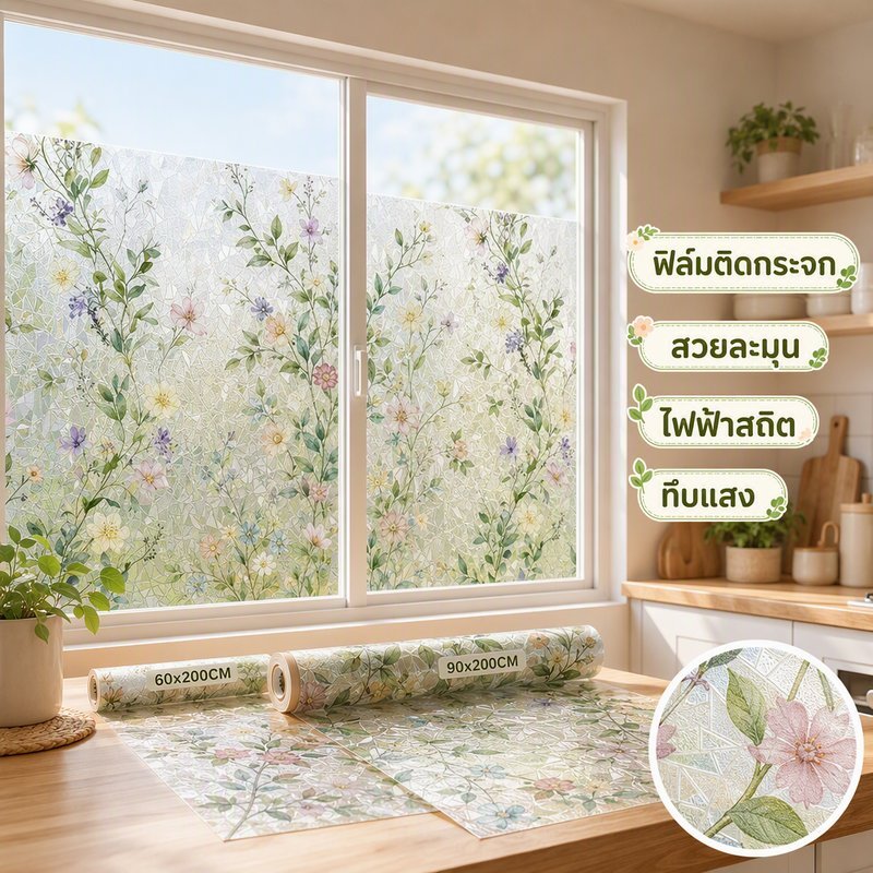 สติกเกอร์หน้าต่าง ลายดอกไม้ PVC ไฟฟ้าสถิต ไม่มีกาว ลอกออกง่าย ตกแต่งบ้าน ฟิล์มกระจก ติดตั้งง่าย สติ๊กเกอร์ติดกระจก