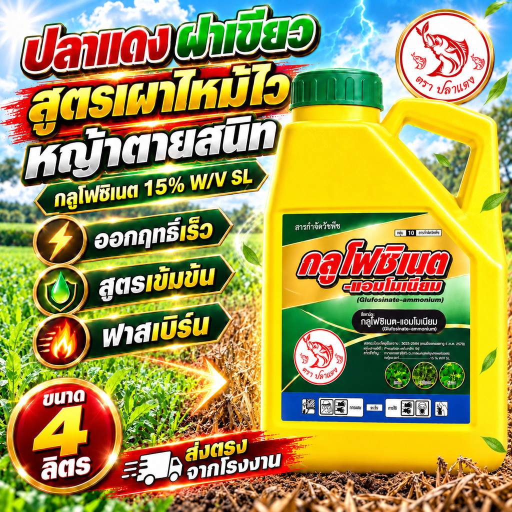 (โปร) กลูโฟซิเนต "ปลาแดง" สูตรฝาเขียว ฟาสเบิร์น ตุยไว กลูโฟซิเนต แอมโมเนียม กำจัดวัชพืช หญ้า ขนาด 4ลิตร