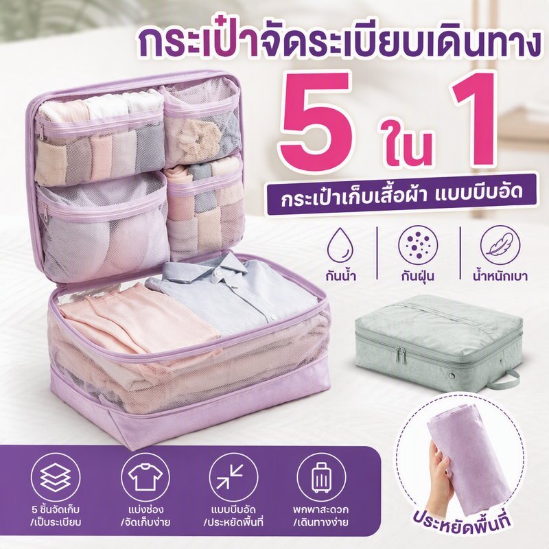 กระเป๋าจัดระเบียบเดินทาง 5 ใน 1 กระเป๋าเก็บเสื้อผ้า แบบบีบอัด กันน้ำ กันฝุ่น น้ำหนักเบา