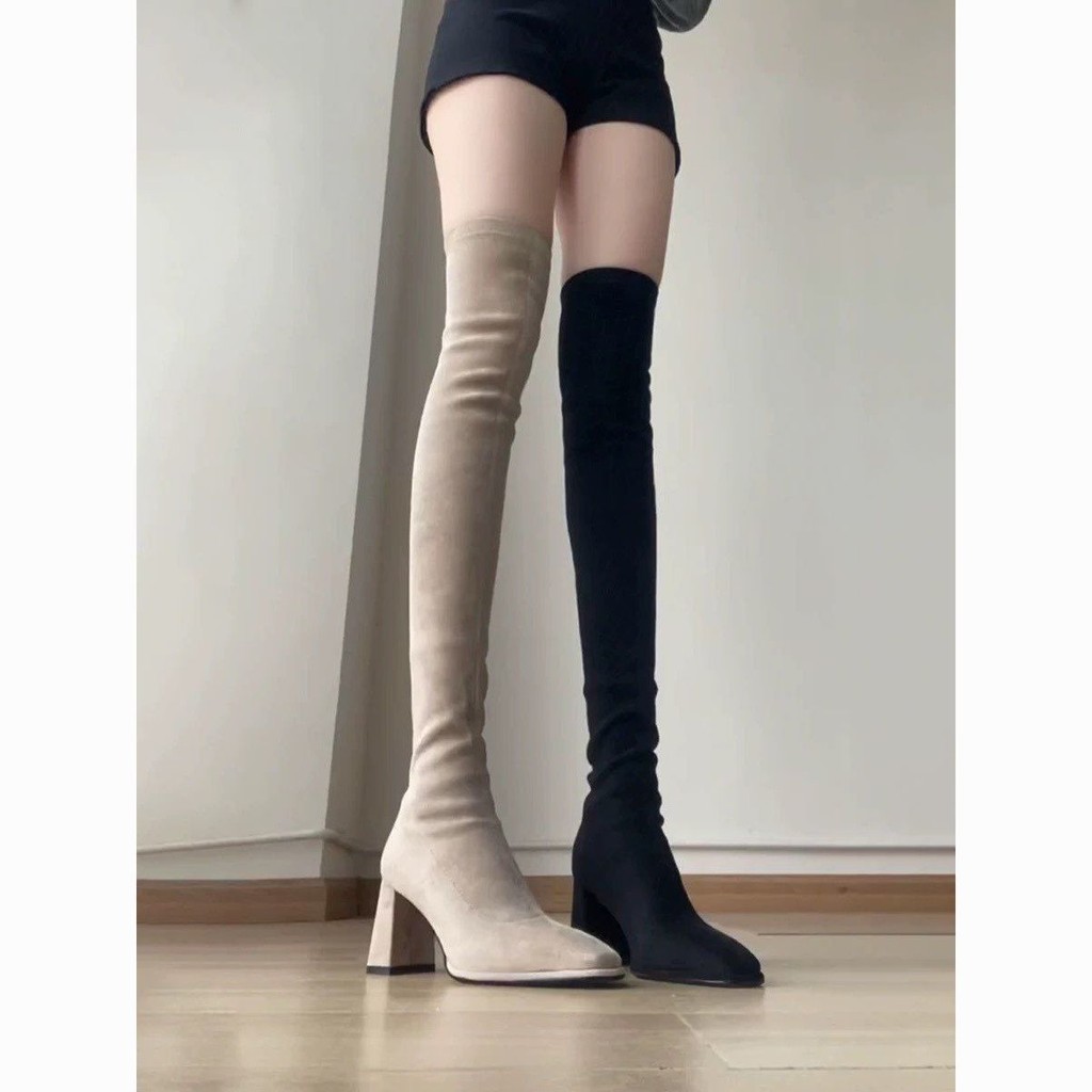 Over-the-Knee Boots Womens High- Heel Stretch Boots Khaki Plus Size Boots Suede Boots Thin Boots