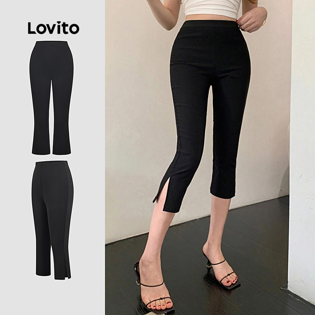 (New Arrival) Lovito กางเกงลําลองผู้หญิง สีดํา ทรงตรง สไตล์คลาสสิก ใส่ได้ทุกลุค เหมาะกับฤดูใบไม้ผลิ/ฤดูร้อน ประจำวัน เกาหลี อินเทรนด์ L200AD199