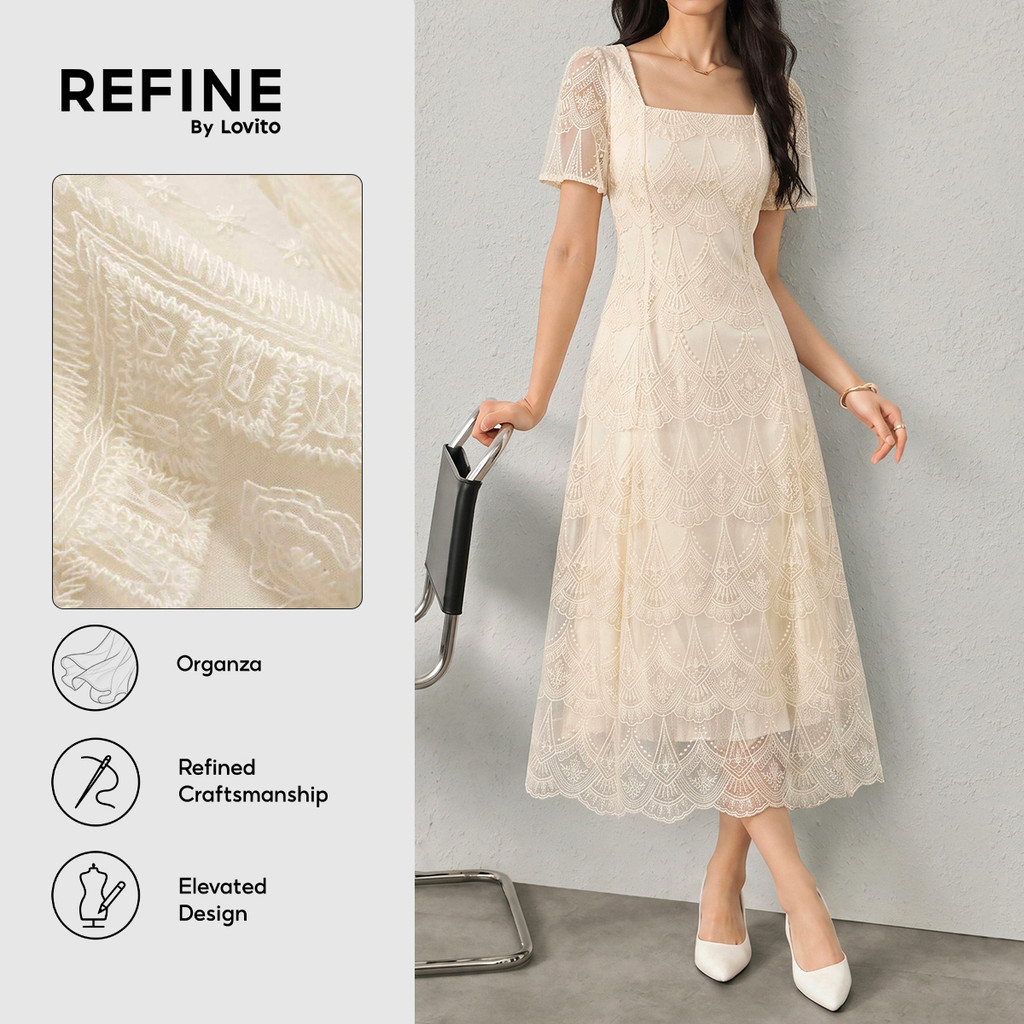 (New Arrival) (Refine by Lovito) เดรสลูกไม้ปักลายซิปสีแอปริคอตฤดูใบไม้ผลิ/ฤดูร้อนสําหรับผู้หญิง ปาร์