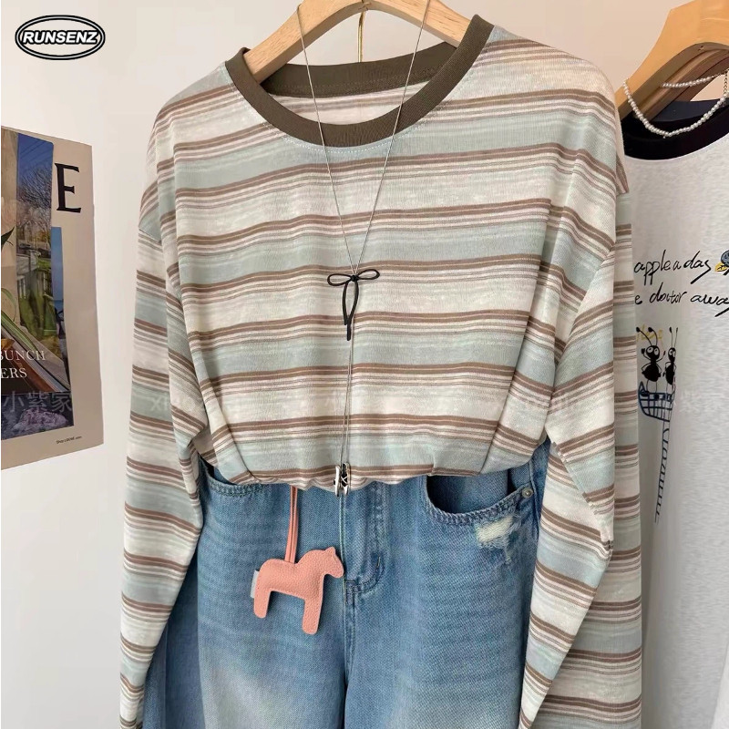 M-4XL อินเทรนด์ลายถักผู้หญิง Plus ขนาดแขนยาว Earth Tone Fine Stripe หลวม Tee