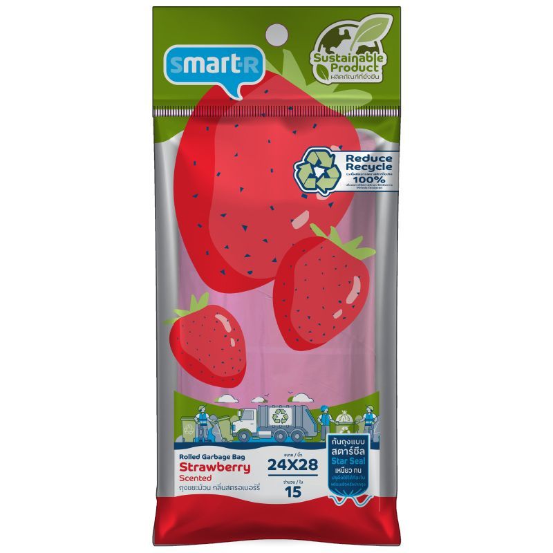 สมาร์ทเตอร์ถุงขยะแบบม้วนกลิ่นสตรอเบอร์รี่ 24X28นิ้ว 15ใบ Smarter Garbage Bags Strawberry 24X28inches 15pcs.