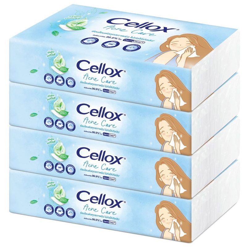 เซลล็อกซ์กระดาษเช็ดหน้าแอคเน่แคร์ซอฟท์แพค 100แผ่น แพค4 Cellox Facial Tissue Acne Care 100Sheets Pack 4
