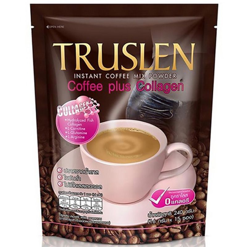 ทรูสเลนคอฟฟี่พลัสคอลลาเจนกาแฟปรุงสำเร็จ 16กรัม แพค 15ซอง Truslen Coffee Plus Collagen 16g. Pack 15sachets