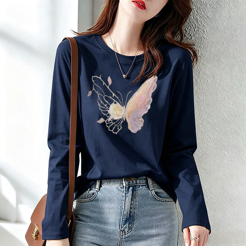 40-100KGPlus Size เสื้อยืดแขนยาวผ้าฝ้ายผู้หญิง, เสื้อยืดคอกลมขนาดใหญ่