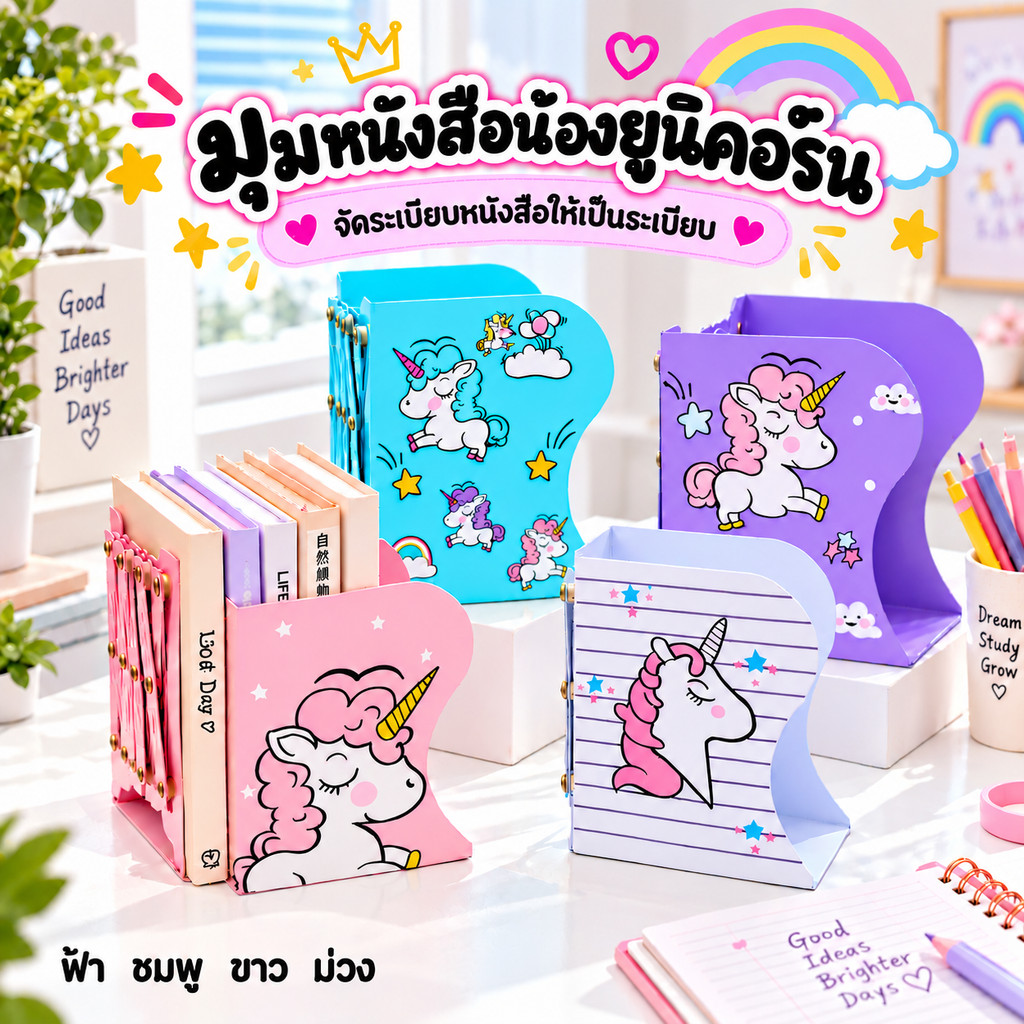 KIKI ฉากกั้นหนังสือ ที่กั้นหนังสือ ลายยูนิคอร์น ชั้นวางหนังสือ ยืดขยายได้ 15x10x19cm ที่คั่นหนังสือประตูเหล็ก
