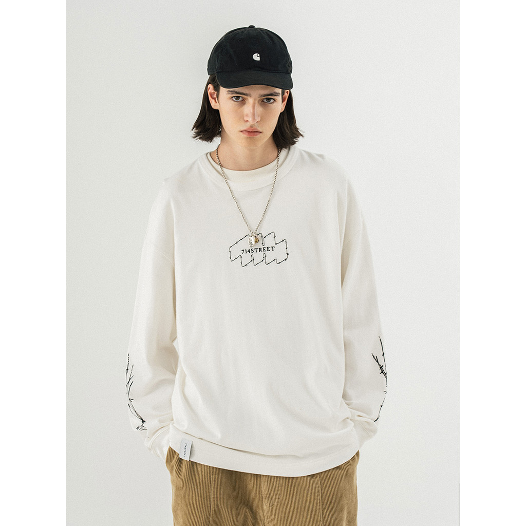 714street พิมพ์ Street Wear ins คู่ 2022 เสื้อยืดแขนยาวสไตล์ใหม่ผู้ชายญี่ปุ่นหลวมรอบคอเสื้อกันหนาว