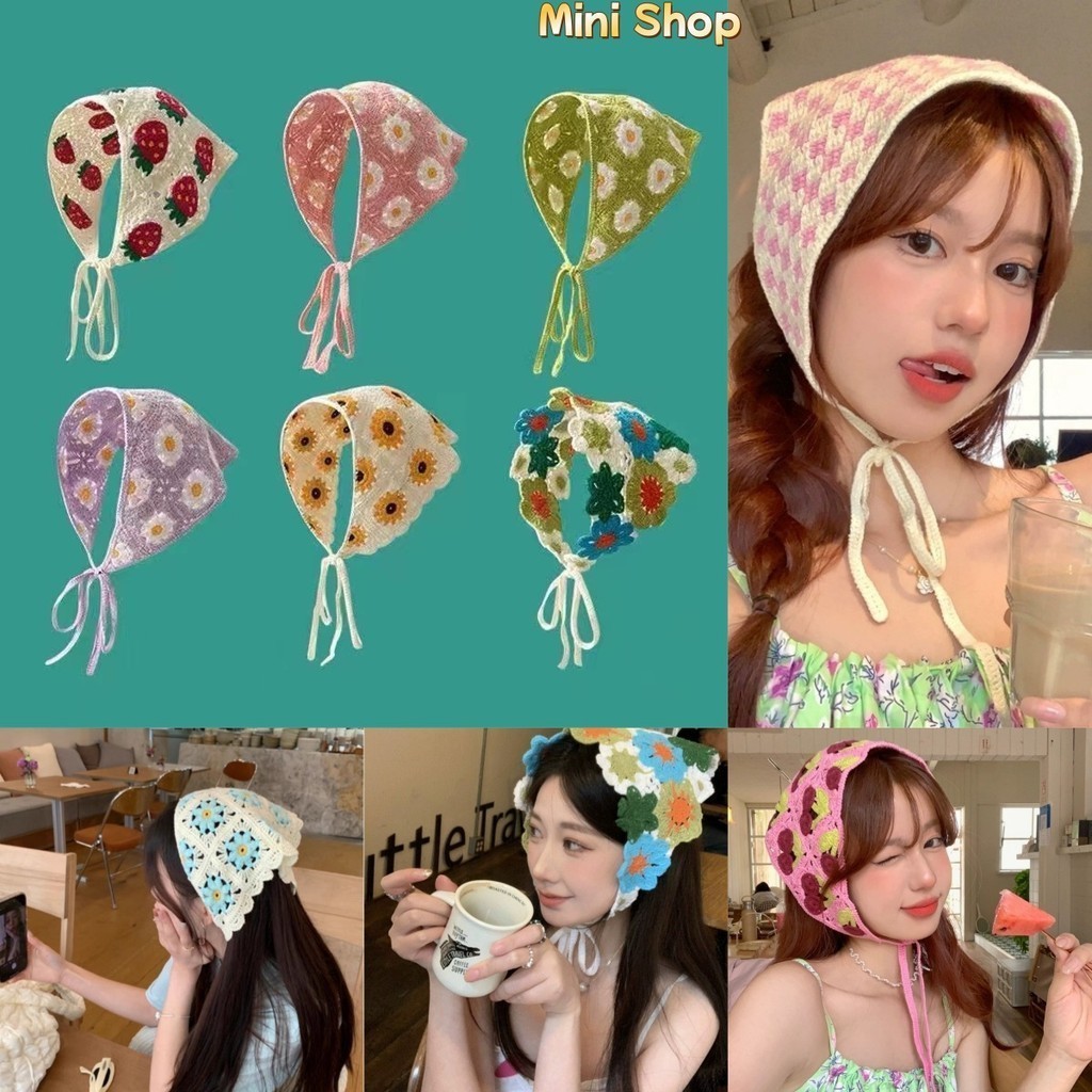 Mini shop🌸พร้อมส่ง🌸(TJ-111)ผ้าโพกผมถักไหมพรม ทรงสามเหลี่ยม  ผ้าโพกหัว ใส่ไปทะเลน่ารักมาก หลายแบบ