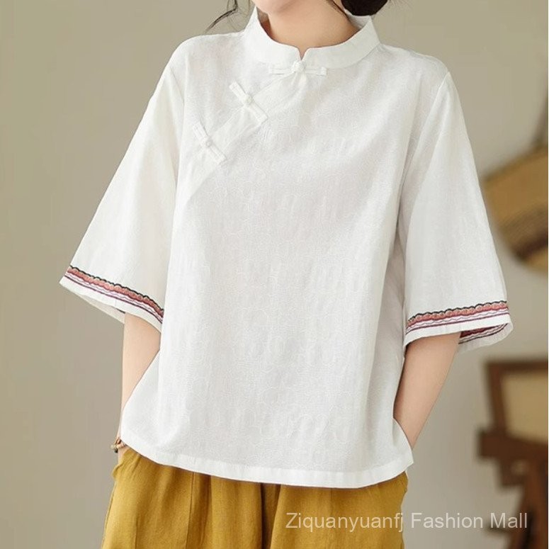 เสื้อ DCW ผ้าฝ้ายสไตล์เรโทรสำหรับฤดูใบไม้ผลิ/ร้อน ครึ่งแขน คอปกแบบตั้งตรง รหัส BMK3