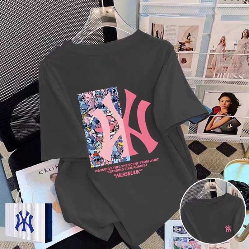 สีชมพูสีฟ้า MLA NY พิมพ์ผ้าฝ้าย 100% ผู้หญิง Tshirt ผู้หญิง Baggy คอรอบ Causal Top