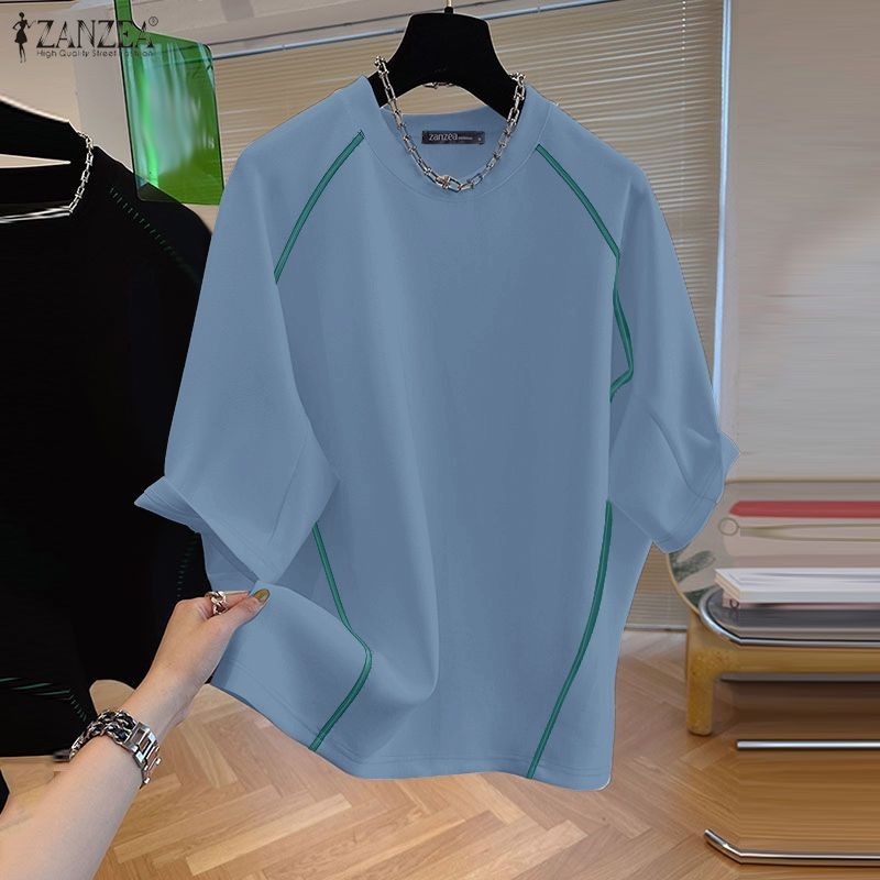 ZANZEA เสื้อยืดหลวมแขนสามส่วนสไตล์คอลูกเรือ สำหรับสตรี ราคา ถูกที่สุด ดีลบีเคเค แกลเลอรีภาพที่ 4