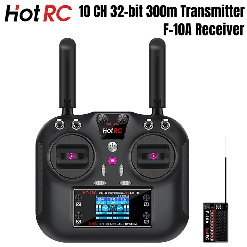 HOTRC HT-10A RC เครื่องส่งสัญญาณ 10CH 2.4G 1.7 นิ้วหน้าจอ F-10A ตัวรับสัญญาณสําหรับเครื่องบินรุ่น RC