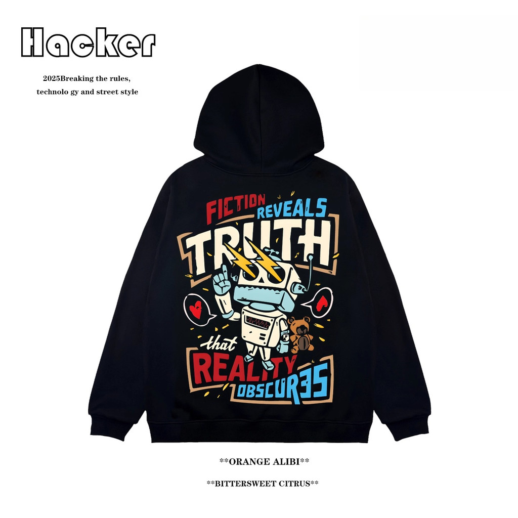 เสื้อกันหนาว มีฮู้ด ผ้าแคชเมียร์ แบบสวมหัว ทรงหลวม หุ่นยนต์วินเทจ สไตล์อเมริกัน แฟชั่นสําหรับผู้ชาย และคู่รัก