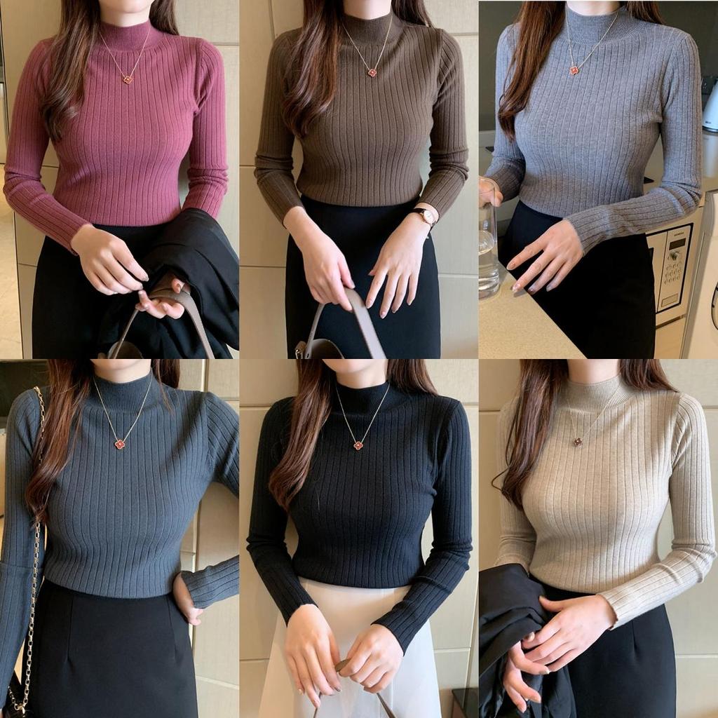 👚Anna👚 เสื้อสเวตเตอร์ถักทรงสลิมฟิตสำหรับผู้หญิง Half Turtleneck Knitted เสื้อเชิ้ตแขนยาวถักสีพื้น สวมใส่สบาย #88028