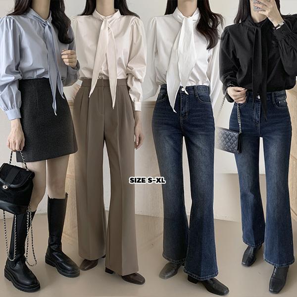 mimi&didi#เสื้อเชิ้ตแขนยาวดีไซน์โบว์ผูก OL เรียบง่ายและมีสไตล์ เสื้อเชิ้ตทำงานทรงหลวมๆ สำหรับผู้หญิง#99228