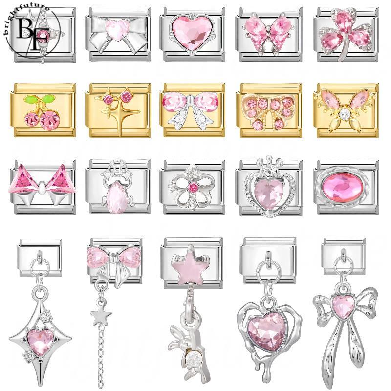 สร้อยข้อมือสแตนเลส สีชมพู เพชรชุดอิตาเลี่ยน Retro charm ขนาด 9 มม.