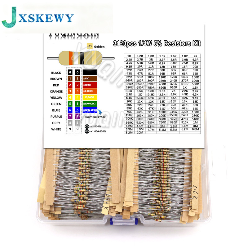 3120pcs 1/4W Carbon Film Resistor Kit 5% Resistance Assortment Set 156valuesX20pcs 1R - 10M ohm 0.25
