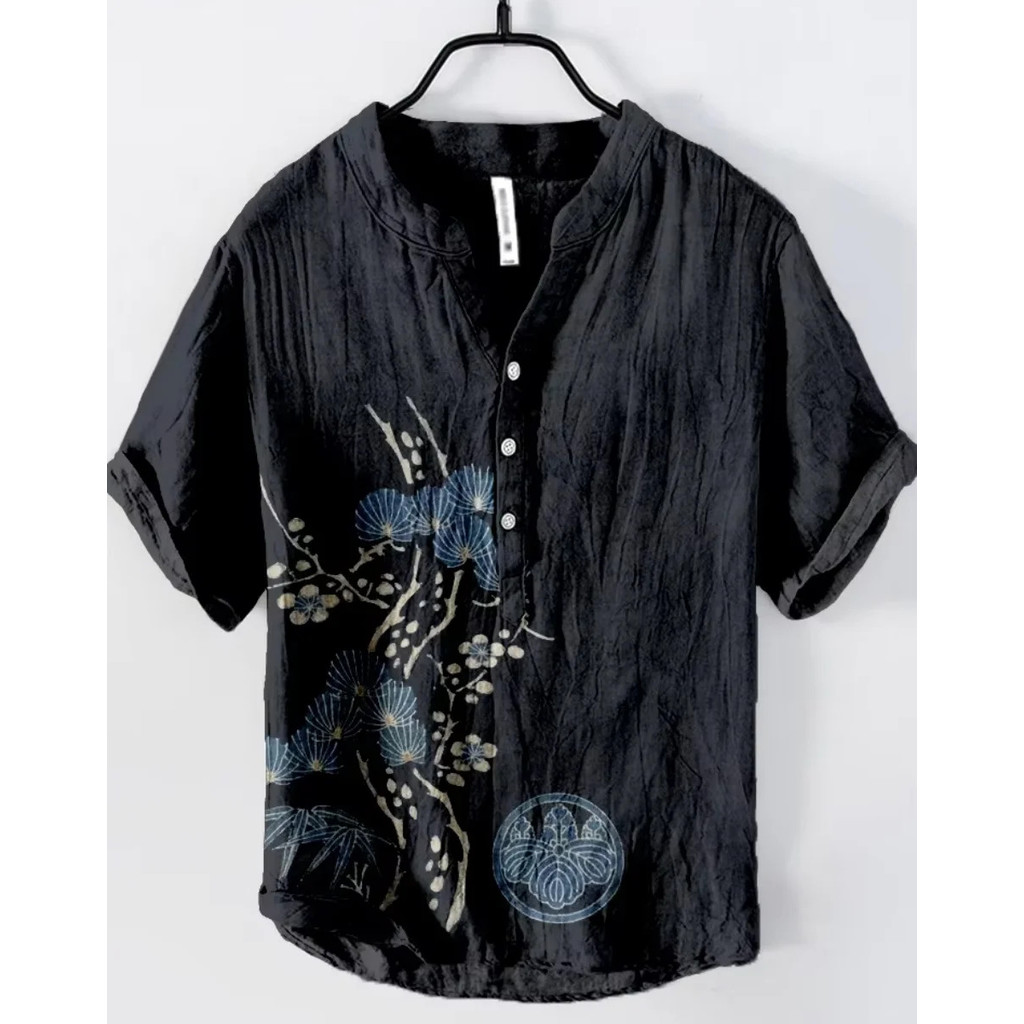 เสื้อเชิ้ตแขนสั้นผ้าลินินคุณภาพสูง ออกแบบย้อนยุคสไตล์คลาสสิกผสมสมัยใหม่ ปุ่มด้านบน คอวี