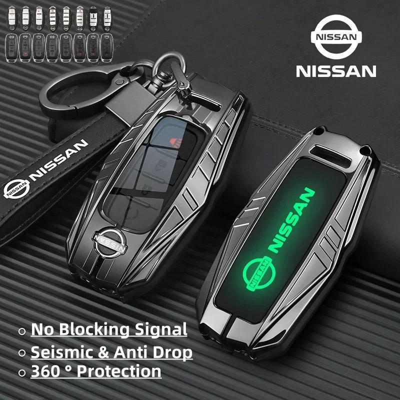 Luminous Nissan ซิลิโคนโลหะผสมสังกะสีสมาร์ทกุญแจรถ Fob สําหรับ Serena Xtrail Almera Versa Kicks Navara NP300 Terra Patrol Remote Holder Shell TPU ปุ่ม Protector พวงกุญแจ