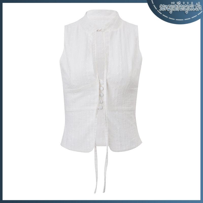 Hanie House- เสื้อกล้ามปักคัตเอาท์คอจําลองแขนกุดสําหรับผู้หญิง