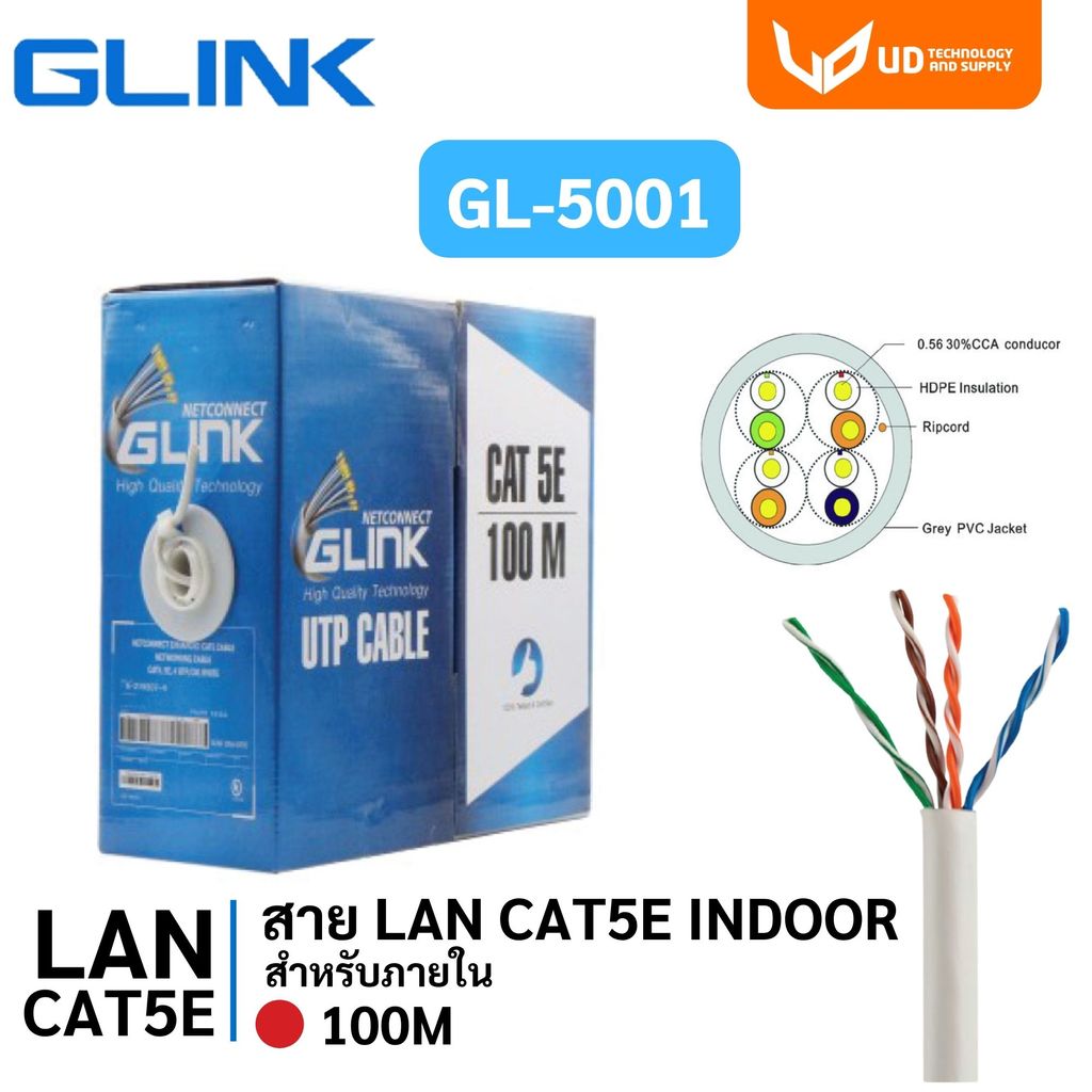 Glink สายแลน CAT5e UTP Cable GL5001 / GL-5001 (100m/Box) สำหรับภายในอาคาร สายสีขาว พร้อมส่ง