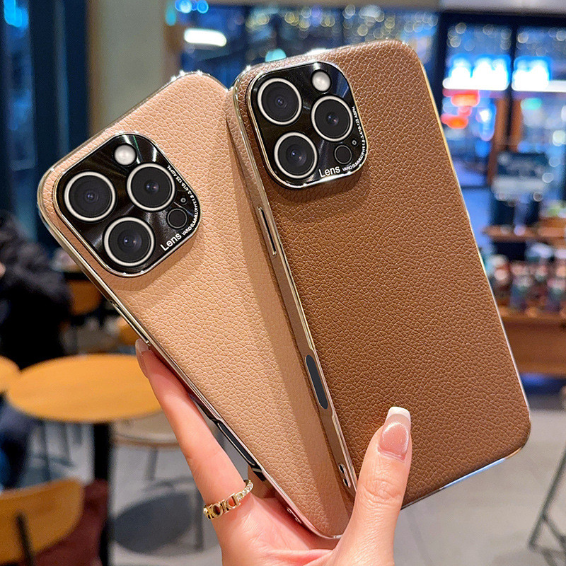 Cross-Border High-End Simple Plain Leather Phone Case เหมาะสําหรับ 16pm Electroplated Case 15promax 