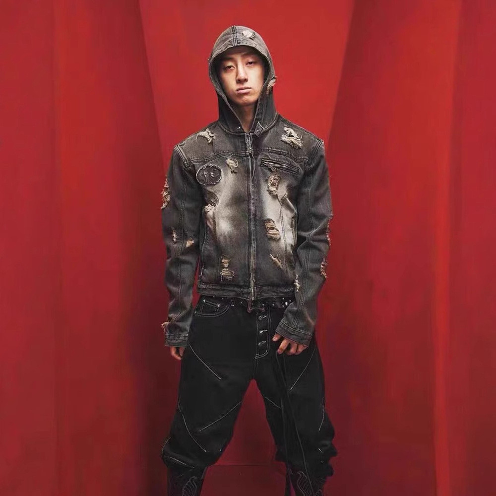 S86Z Thug club Washed Distressed Ripped Vintage Gray Denim Jacket with Hood Metal logo Short Jacket 