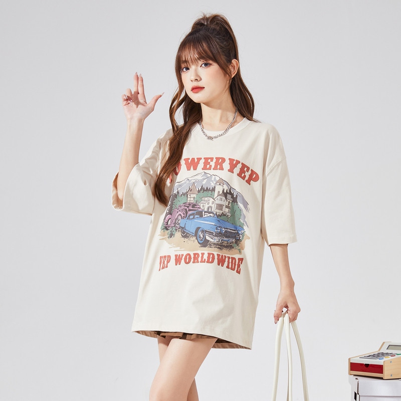 [YEP Co-Branded] เสื้อยืดแขนสั้นคอกลมแอปริคอทผู้หญิงสไตล์อเมริกัน Tang Shi สไตล์ใหม่ฤดูร้อนผ้าฝ้ายแท