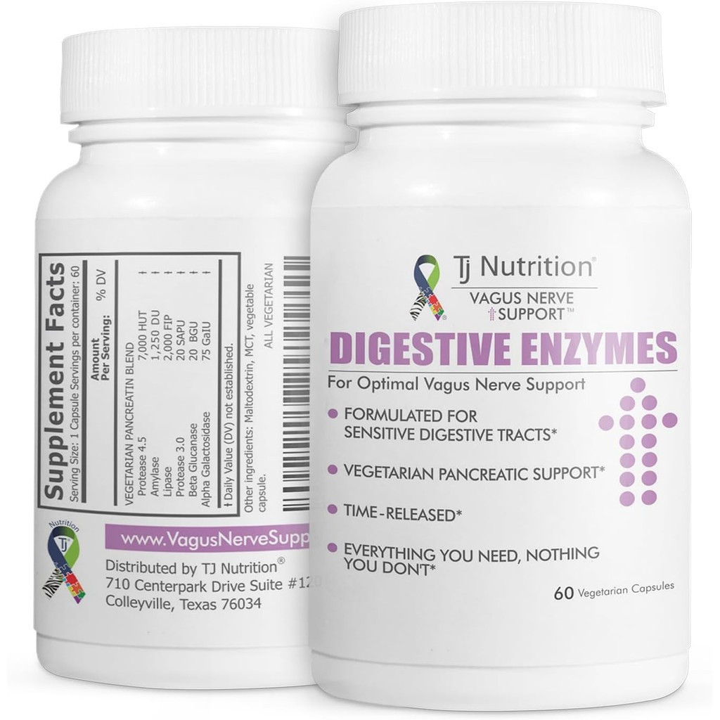 Digestive Enzymes for Sensitive Stomachs - Supports Vagus Nerve, Vegetarian Pancreatic Support, Time