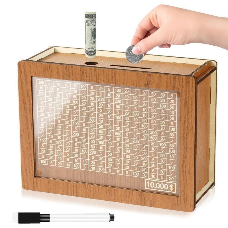 Piggy Bank, Saving Box, Wooden Cash Saving Box, Wooden Money Box with Money Target and Numbers, Savi
