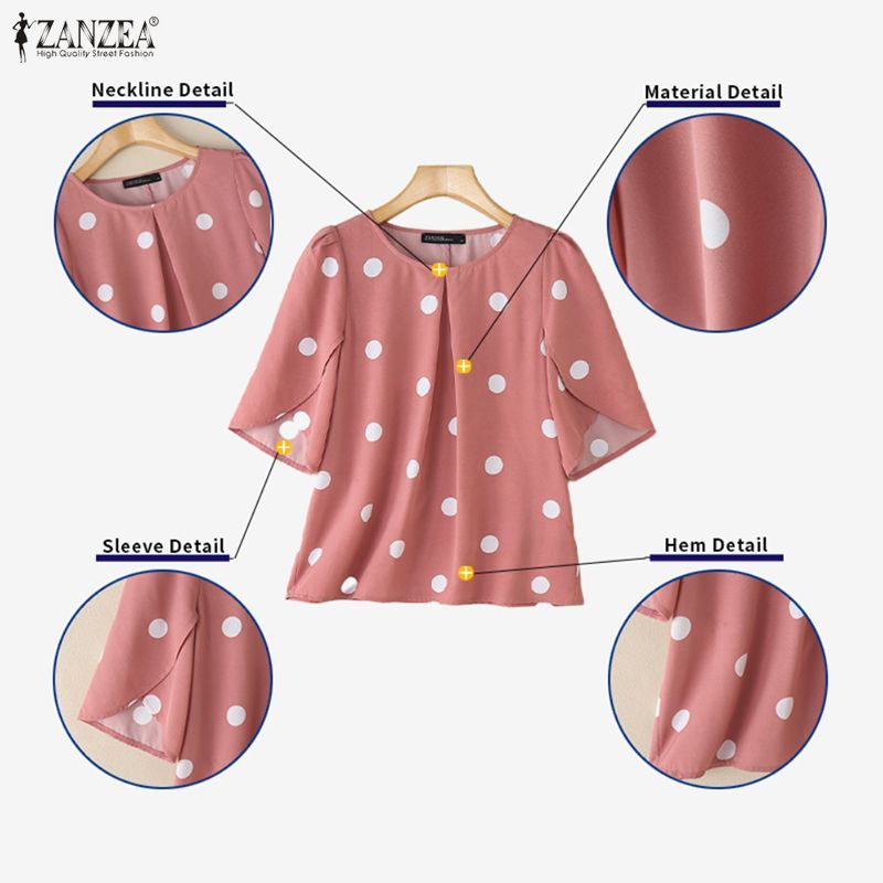 ZANZEA เสื้อลายจุดดอกไม้สำหรับผู้หญิง สไตล์เกาหลี พิมพ์ลายแขนยาว เสื้อลำลอง — صورة 7