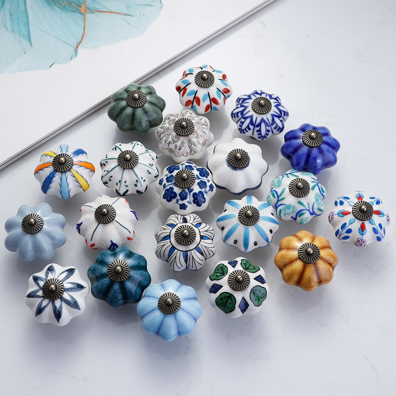 ชนบทสไตล์อเมริกันฟักทองเซรามิกตู้ลูกบิดหลุมเดียวมือวาดลิ้นชักลูกบิด