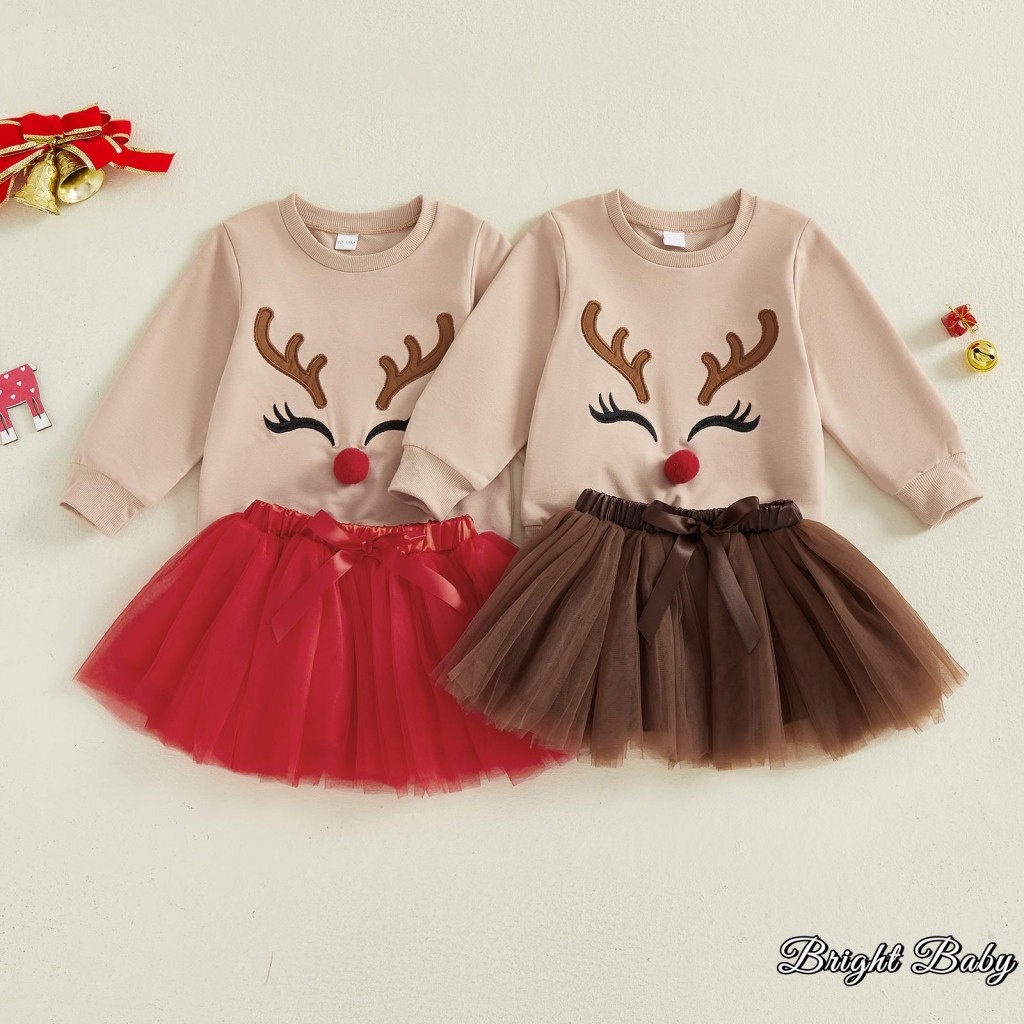 ชุดคริสต์มาสสำหรับเด็กหญิง พร้อมเสื้อแขนยาวและกระโปรงสไตล์กวางเรนเดียร์