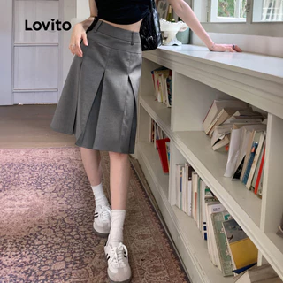 (KOL's pick) Lovito x Poppy แคชชวล กระโปรงลําลองกระโปรงจีบธรรมดาสําหรับผู้หญิง LNE29157 (สีเทา)