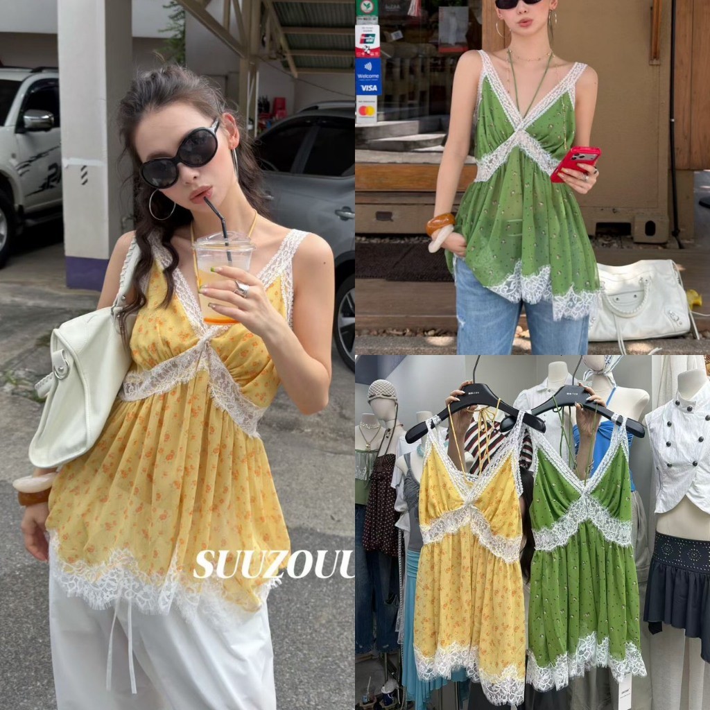 🧵🧡 🇰🇷 SU296 เสื้อสายเดี่ยวลายดอกสุดคิ้วท์ แต่งลูกไม้ทั้งตัว เพิ่มลุคหวานละมุน ใส่แล้วดูแพง แฟชั่นเกาหลี TAG MM Fish 🧡